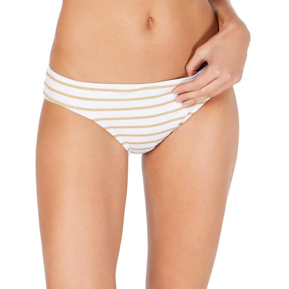 Ralph Lauren Metallic-Stripe Hipster Bikini Bottoms White/Gold 16
